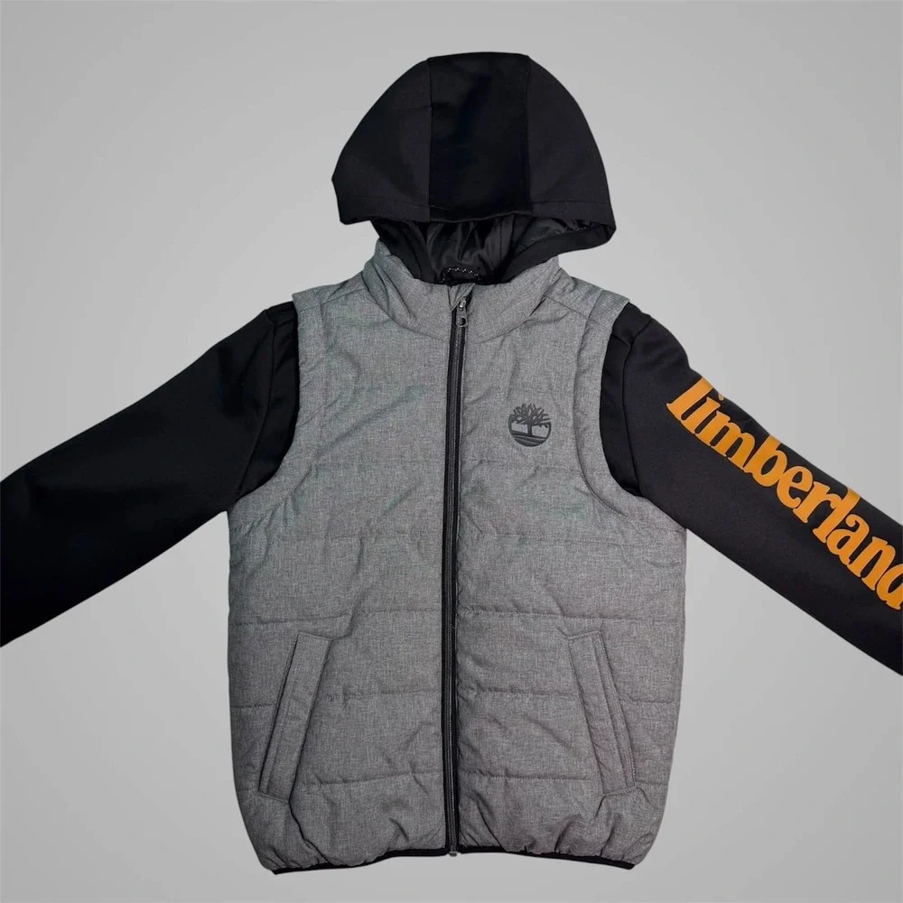 Timberland Kids Unisex Gray Black Puffer Hybrid Hooded Jacket Size M 10/12